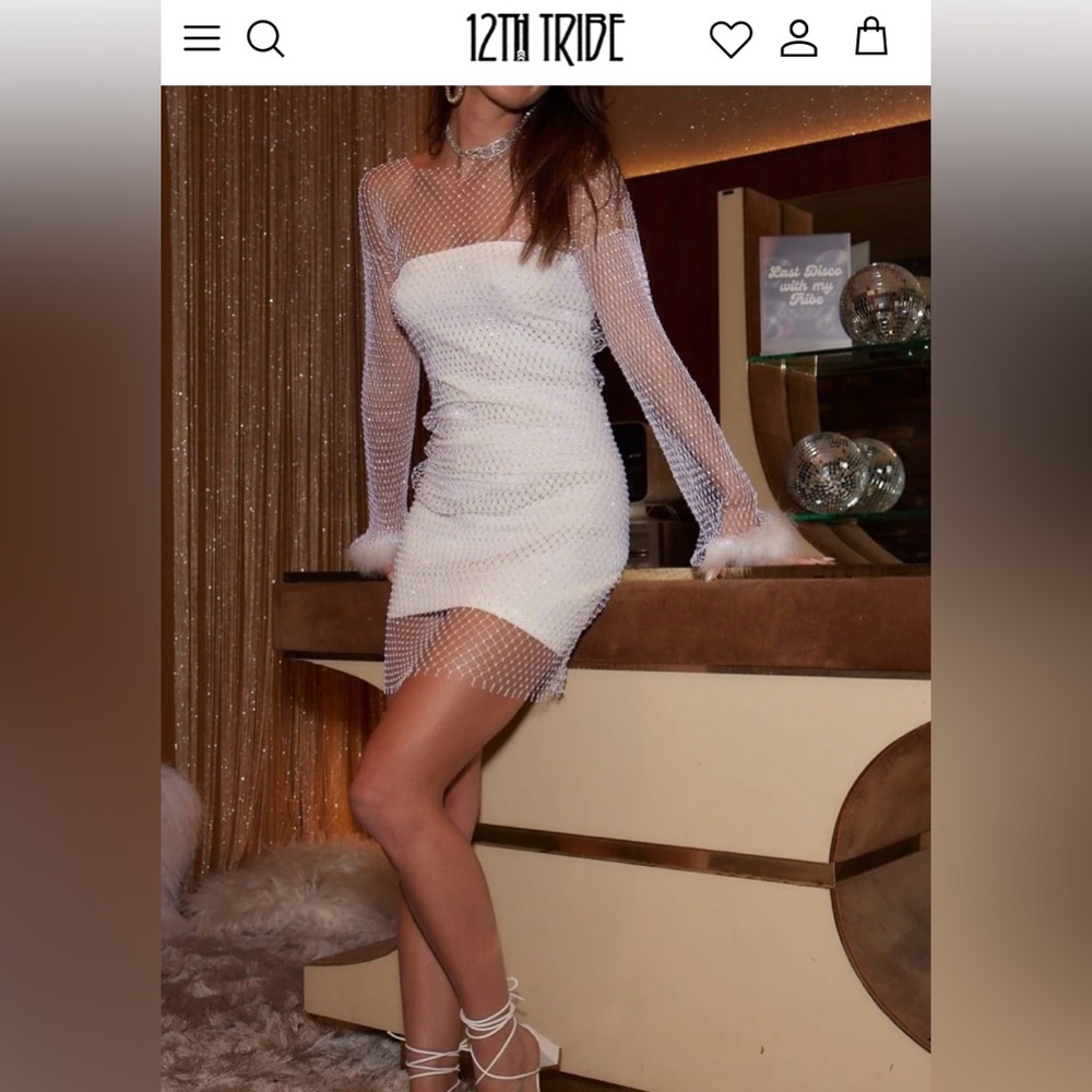 12th Tribe Martini White Rhinestone Mesh Mini Dress